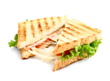 Tasty sandwiches with cheese and ham on white background