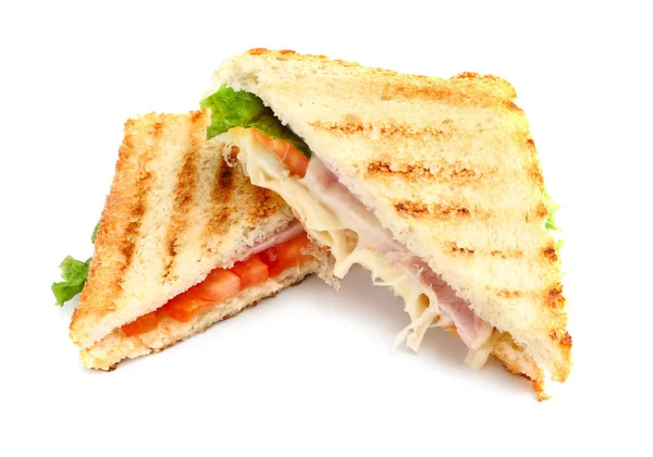 Sándwiches sabrosos con queso y jamón sobre fondo blanco — Foto de Stock
