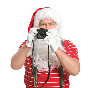 Beyaz arka planda fotoğraf makinesi olan Noel Baba. Tatil kavramı