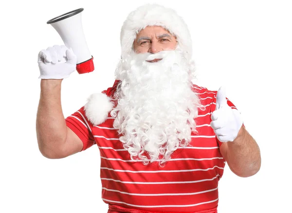 Papai Noel com megafone mostrando polegar para cima no fundo branco. Conceito de férias — Fotografia de Stock