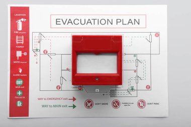 Evacuation plan and manual call point on white background