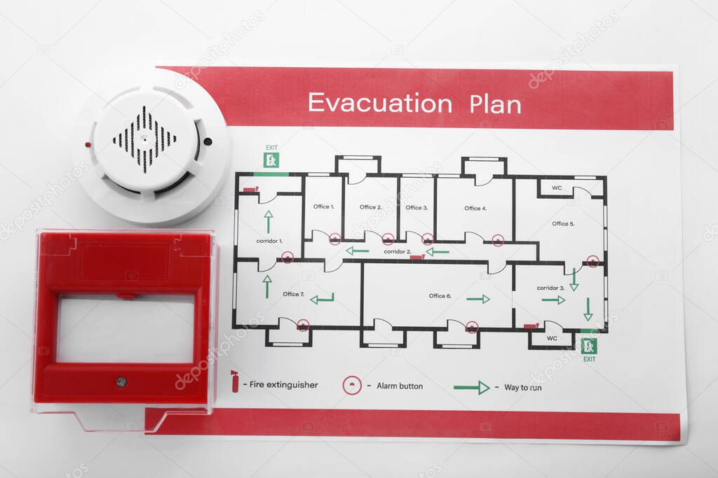 Evacuation plan, smoke detector and manual call point on white background