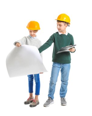 Cute little architects on white background