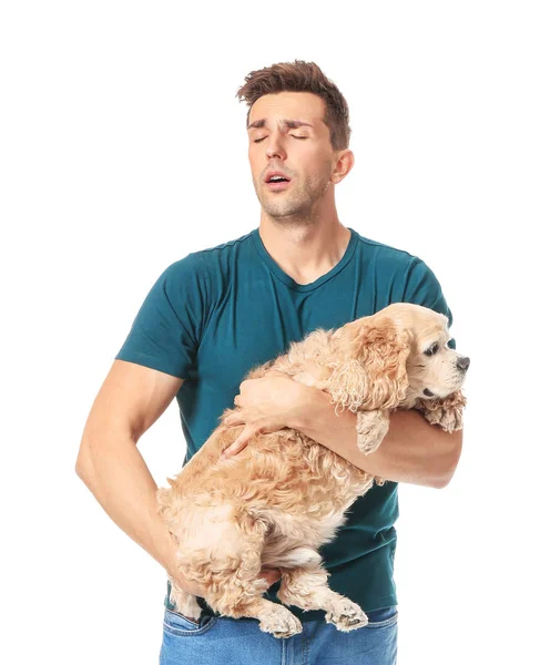Young man with pet allergy on white background — Stock Photo, Image