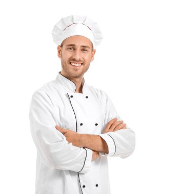 Beyaz arka planda yakışıklı erkek şef