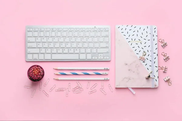 Composition with PC keyboard and stationery on pink background — 스톡 사진