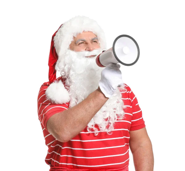 Papai Noel com megafone sobre fundo branco. Conceito de férias — Fotografia de Stock