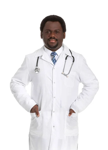 Male African-American doctor on white background — Stock Photo, Image