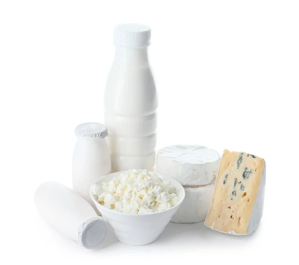 Different dairy products on white background — Stock Photo, Image
