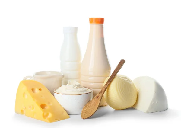 Different dairy products on white background — Stock Photo, Image