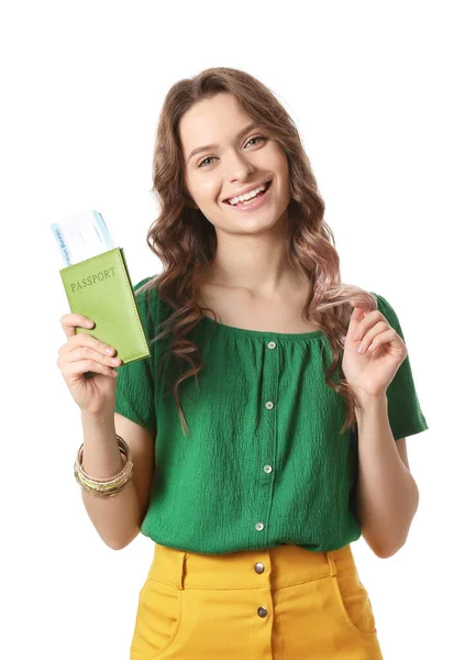 Beautiful female tourist on white background — Stock Photo, Image