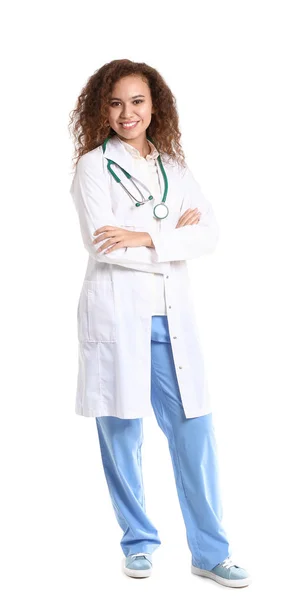 Young African-American doctor on white background — Stock Photo, Image