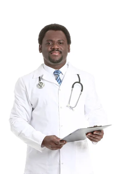 Male African-American doctor on white background — Stock Photo, Image