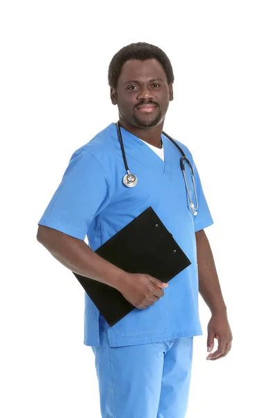Male African-American nurse on white background — Stock Photo, Image