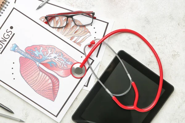 Stetoskop med tablett dator, ritningar av mänskliga revben och lungor på vit bakgrund — Stockfoto