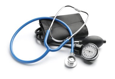 Sphygmomanometer and stethoscope on white background clipart