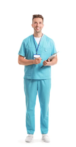 Férfi recepciós portréja orvosi egyenruhában fehér alapon — Stock Fotó