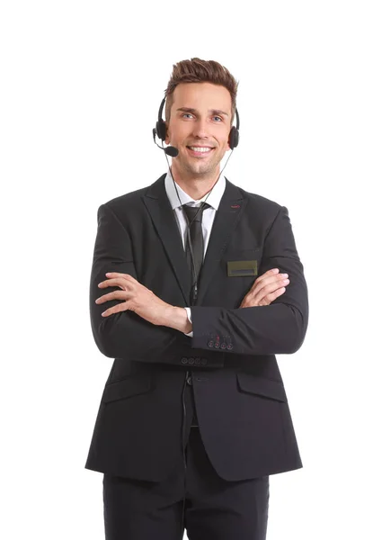 Portret van mannelijke receptioniste op witte achtergrond — Stockfoto