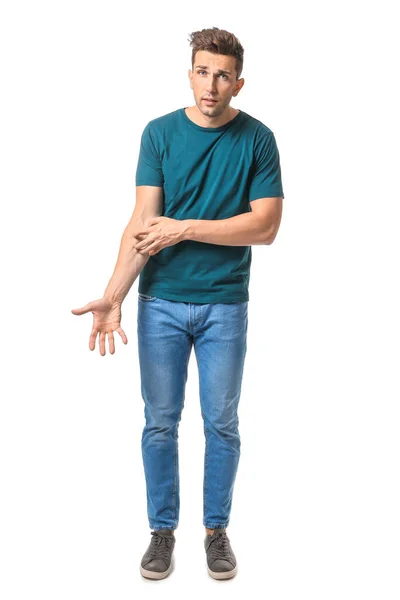 Scratching allergic man on white background — Stock Photo, Image