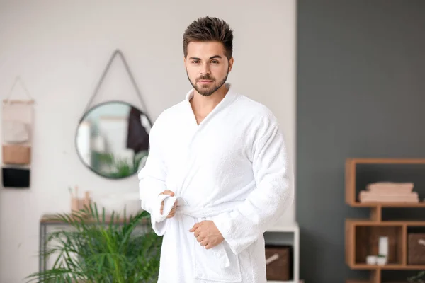 Morning of handsome young man in bathroom — Stock Photo, Image
