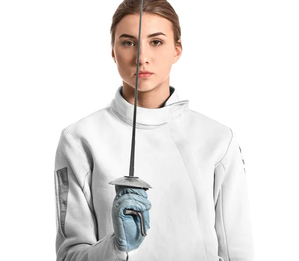 Young female fencer on white background — Stock Photo, Image