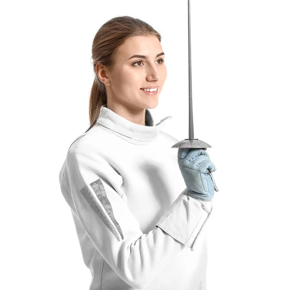 白色背景的年轻女击剑运动员 — 图库照片