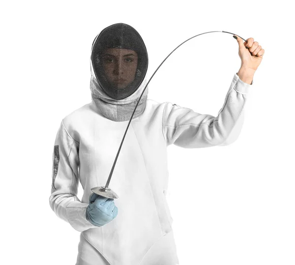 Young female fencer on white background — Stock Photo, Image