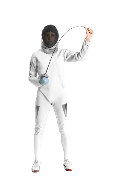 Young female fencer on white background — Stock Photo, Image