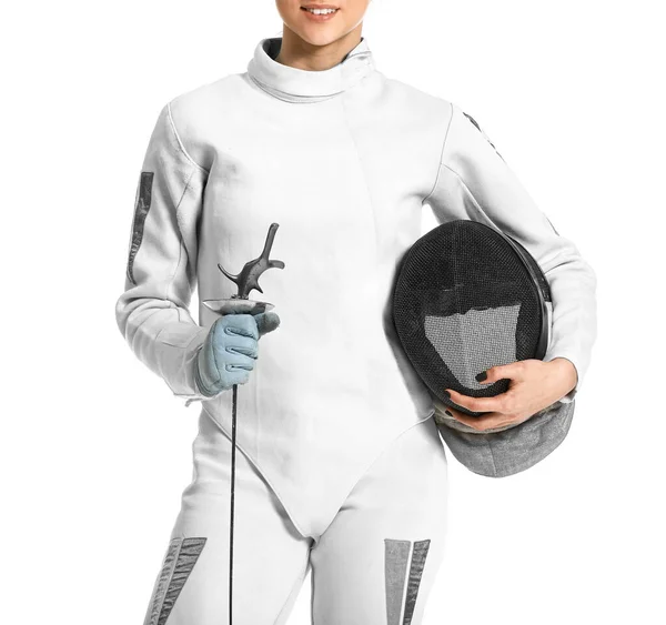 Young female fencer on white background — Stock Photo, Image