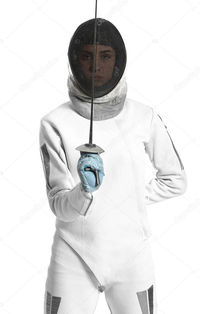 Young female fencer on white background