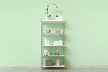 Raf ünitesi ile dekor renk duvarının yakınında