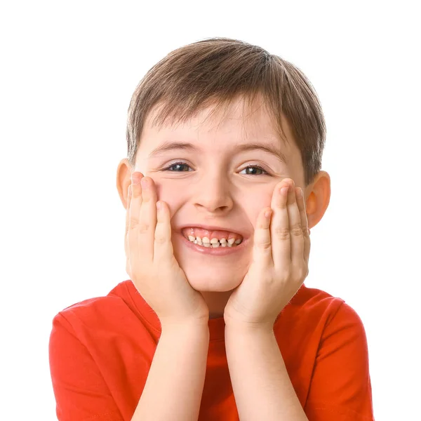 Boldog mosolygós kisfiú fehér háttér — Stock Fotó
