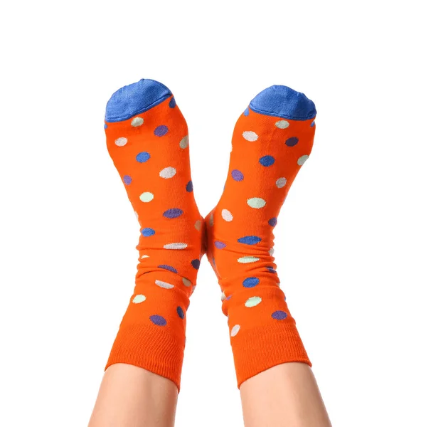 Legs of young woman in socks on white background — Stock Photo, Image