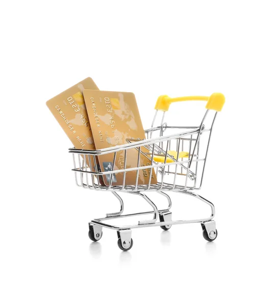 Credit cards with shopping cart on white background. Concept of online banking — 스톡 사진