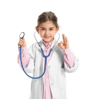 Cute little doctor on white background