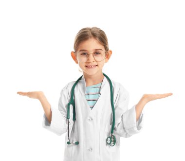 Cute little doctor on white background