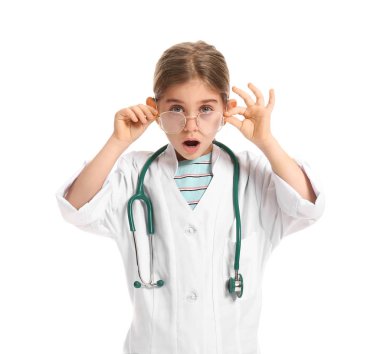 Cute little doctor on white background