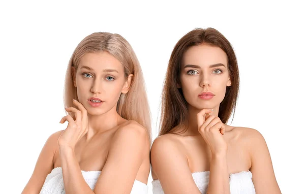 Young women with beautiful makeup on white background — Stock Photo, Image