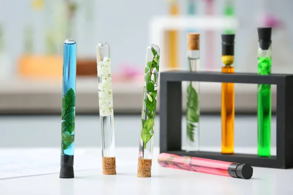 Tubos de ensaio com plantas à mesa em laboratório — Fotografia de Stock