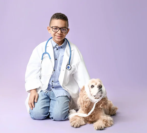 Cute little African-American veterinarian with dog on color background — Stock Photo, Image