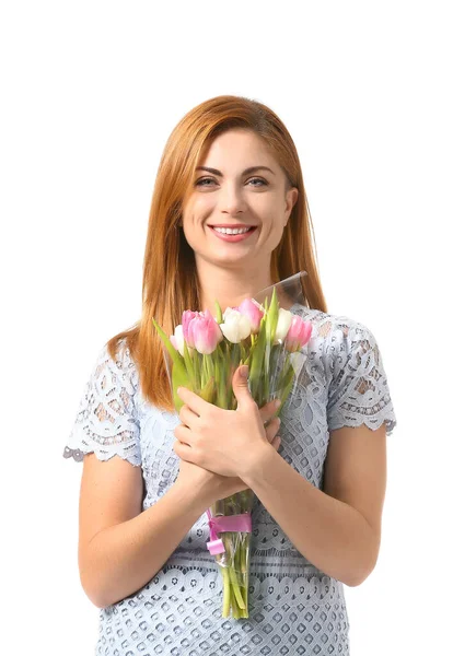 Mulher bonita com flores no fundo branco. Celebração do Dia Internacional da Mulher — Fotografia de Stock