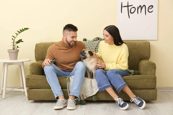 Young couple with dog watching TV while sitting on sofa at home — Stock Photo, Image
