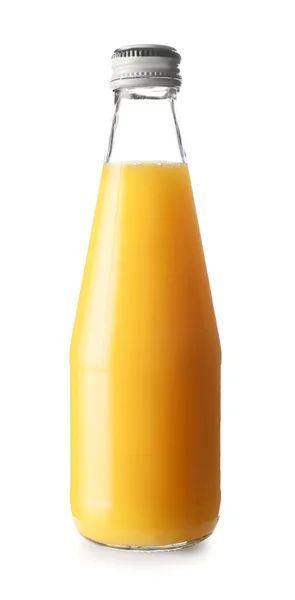 Garrafa de suco de laranja fresco no fundo branco — Fotografia de Stock