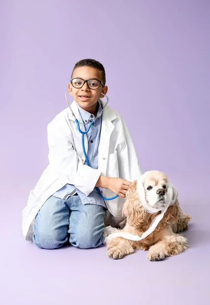 Aranyos kis afro-amerikai állatorvos kutyával színes háttér — Stock Fotó