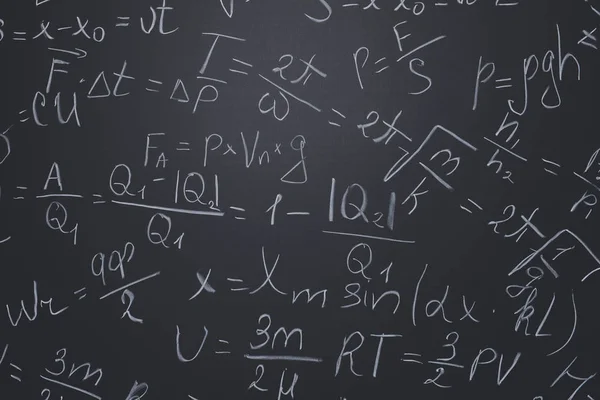 School blackboard with written formulas as background — Stock Photo, Image