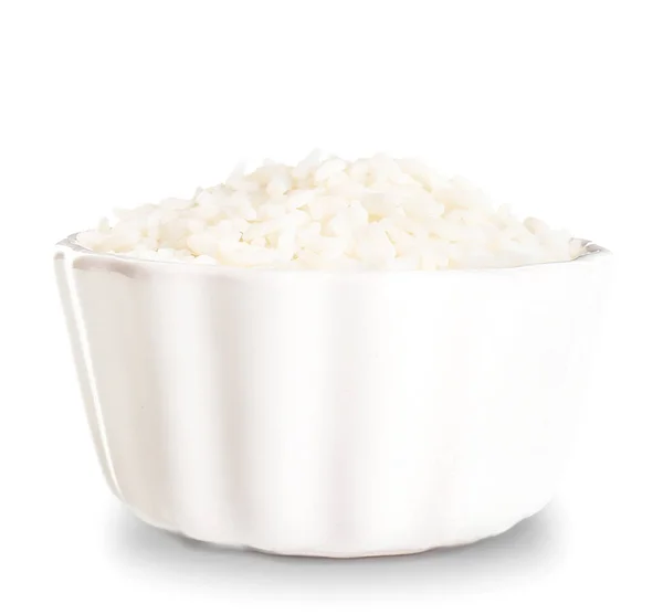 Tigela com arroz cozido no fundo branco — Fotografia de Stock