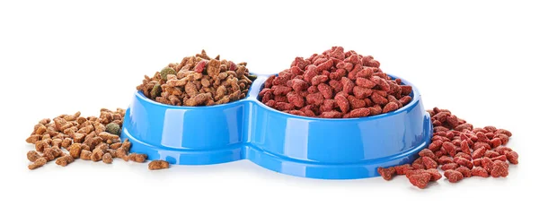 Bowls with dry pet food on white background — Stock Photo, Image