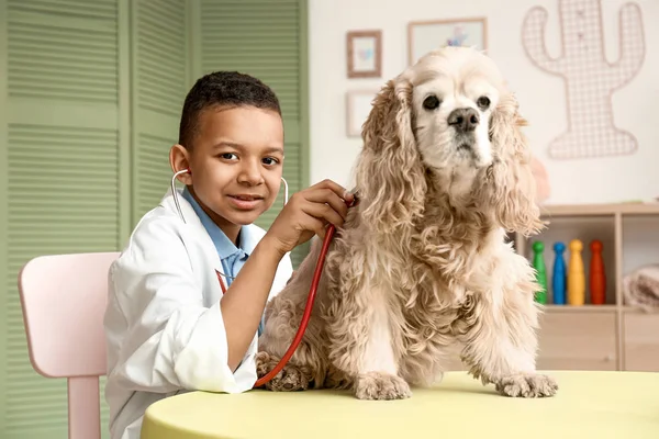 Aranyos kisfiú öltözött orvos játszik kutya otthon — Stock Fotó
