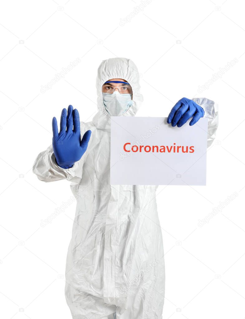 Laboratory worker in protective uniform holding paper sheet on white background. Concept of Coronavirus epidemic