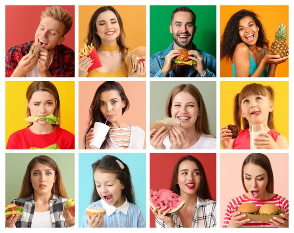Collage of photos with different people and their tasty food — Stock Photo, Image